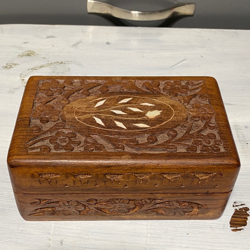 Made in India carved floral wooden Trinket Jewelry invisible Hinged Box